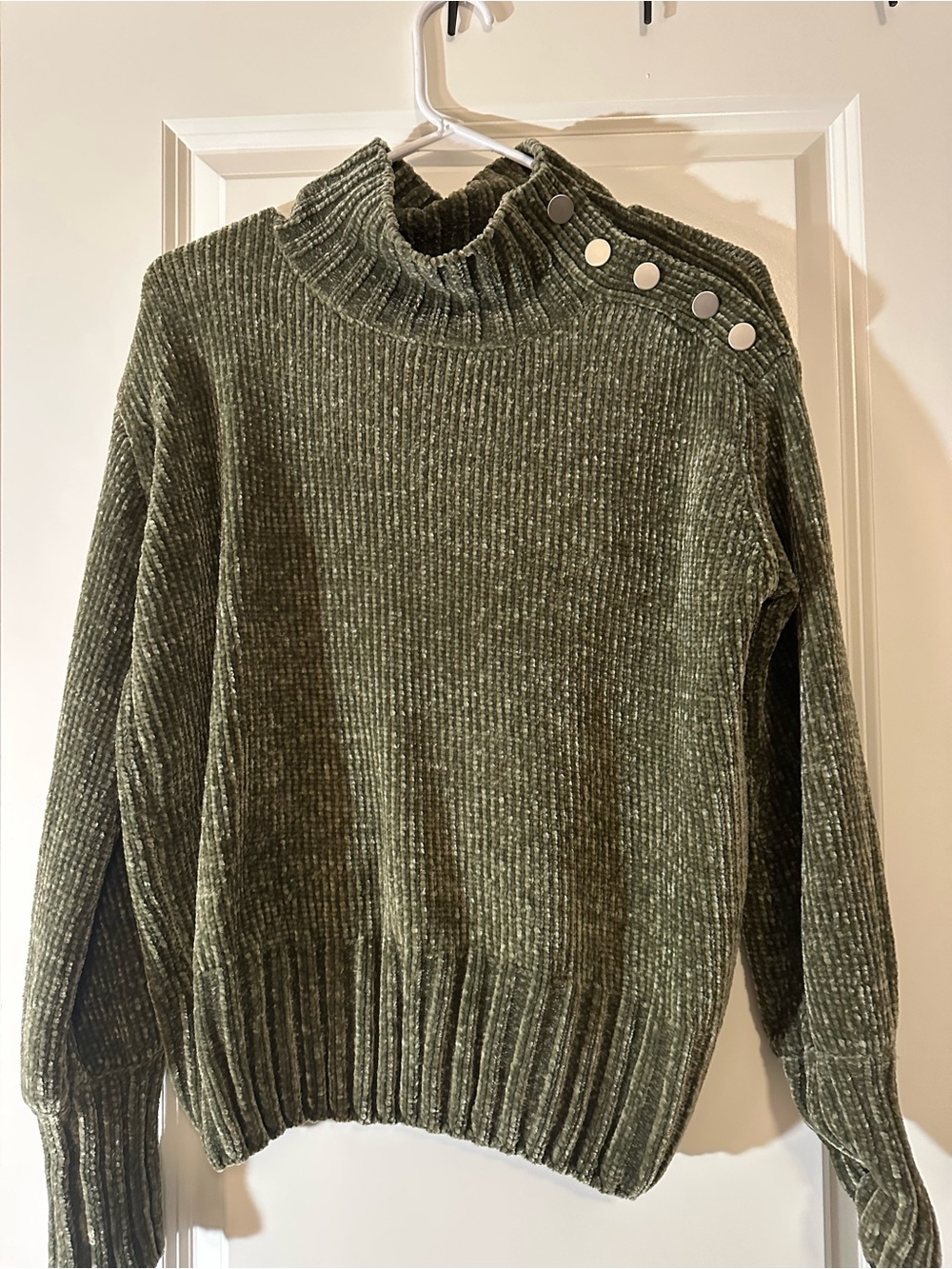 Olive Green Chenille Button-Shoulder Sweater